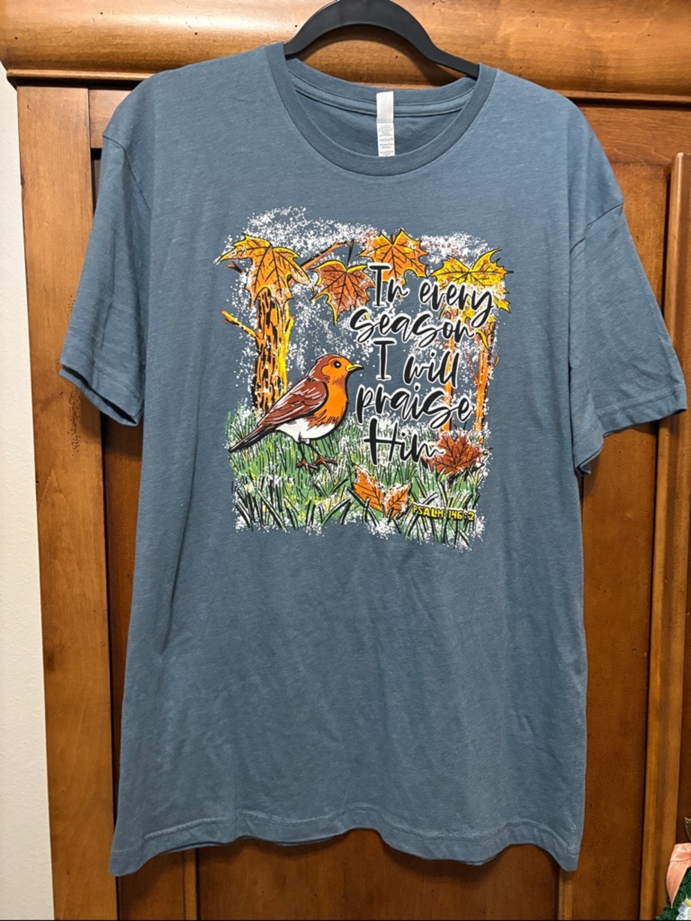 Blue Graphic Tee with Autumn Bird and Scripture